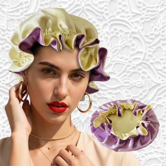 Handmade Accessories - Reversible Satin Sleep Bonnet Hat – Purple & Yellow – Extra Large, Elastic Fit